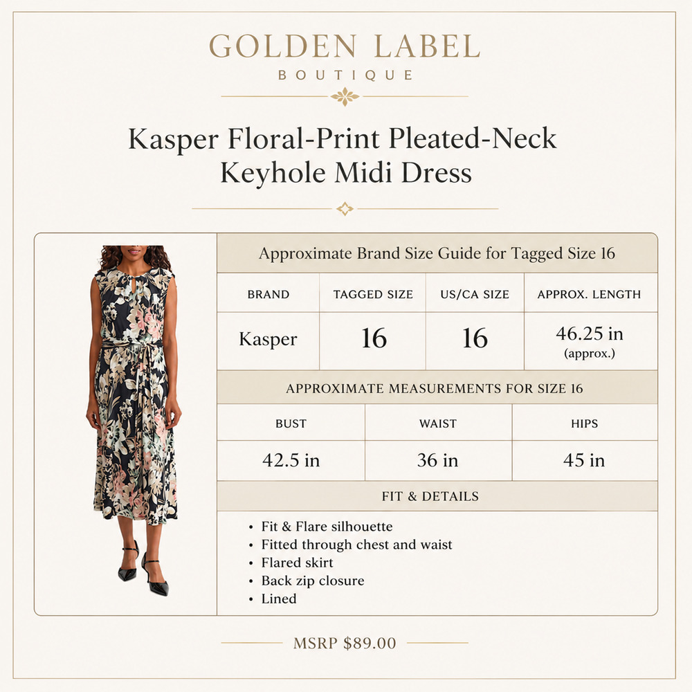 NWT Kasper Floral Pleated Neck Keyhole Midi Dress Size 16 Black Multi - Picture 7 of 7